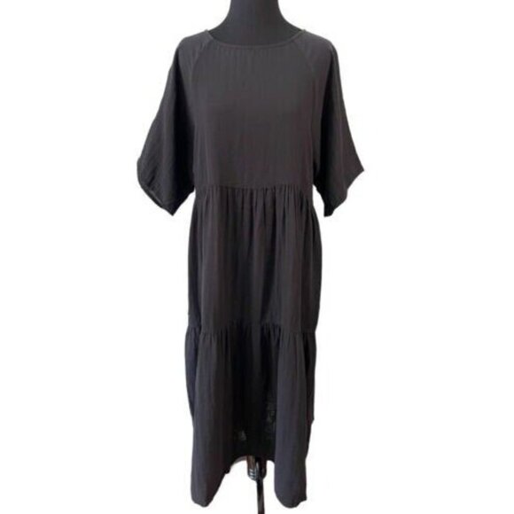 NWT Calme Johnny Was M Raglan Tiered Crinkle Gauze Black Dress 114892 - Picture 1 of 2